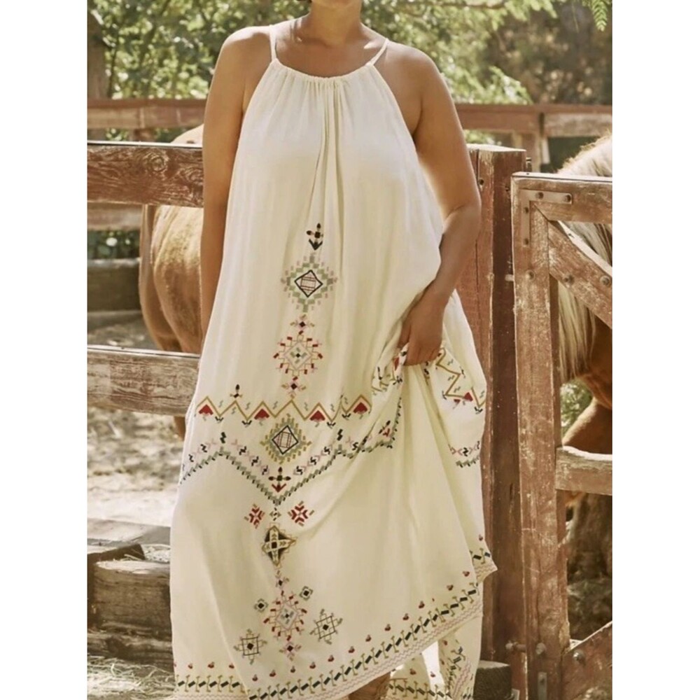 Anthropologie Floral Embroidered Cream Halter Maxi Dress‎ Size M